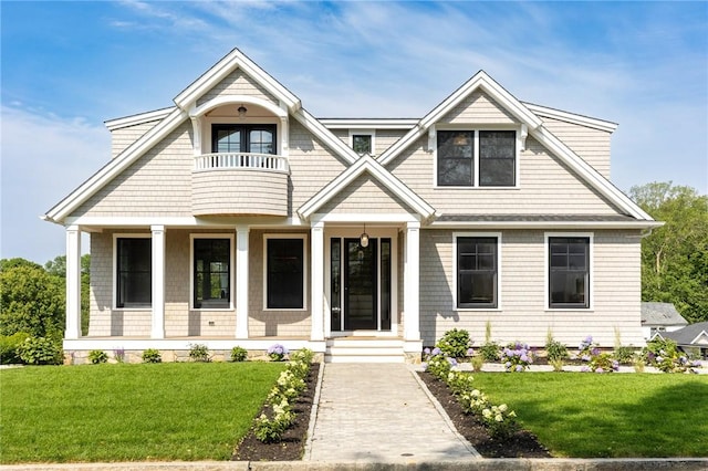 35 Coggeshall Ave, Newport, RI 02840 - view of front of property featuring a porch, a balcony, and a front yard