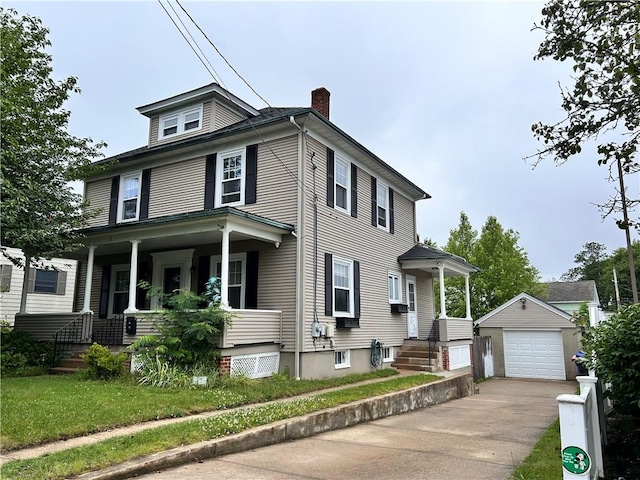 11 Potter Ave, West Warwick, RI 02893 - american foursquare style home with covered porch, an outbuilding, a chimney, a detached garage, and driveway