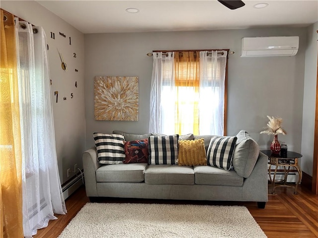 11 Potter Ave, West Warwick, RI 02893 - living area featuring a wall mounted air conditioner, a baseboard radiator, wood finished floors, and recessed lighting