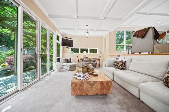 20 Wagner Rd, Westerly, RI 02891 - sunroom / solarium with coffered ceiling, carpet flooring, and beamed ceiling