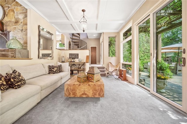 20 Wagner Rd, Westerly, RI 02891 - living area featuring plenty of natural light, coffered ceiling, carpet, stairs, and beamed ceiling