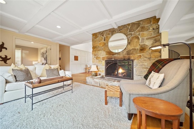 20 Wagner Rd, Westerly, RI 02891 - living room featuring beamed ceiling, a fireplace, coffered ceiling, and recessed lighting