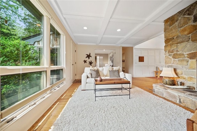 20 Wagner Rd, Westerly, RI 02891 - living area featuring light wood-style flooring, coffered ceiling, beam ceiling, and recessed lighting