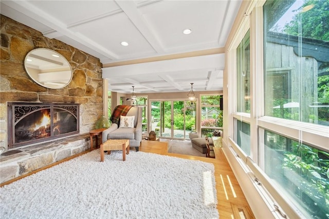 20 Wagner Rd, Westerly, RI 02891 - sunroom featuring coffered ceiling and beamed ceiling