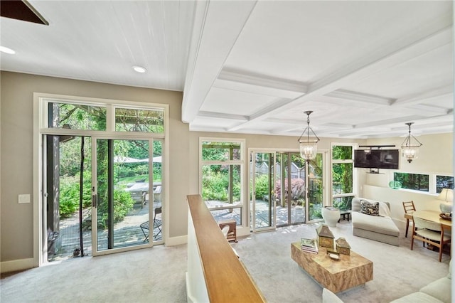 20 Wagner Rd, Westerly, RI 02891 - carpeted living area with coffered ceiling, beamed ceiling, and recessed lighting
