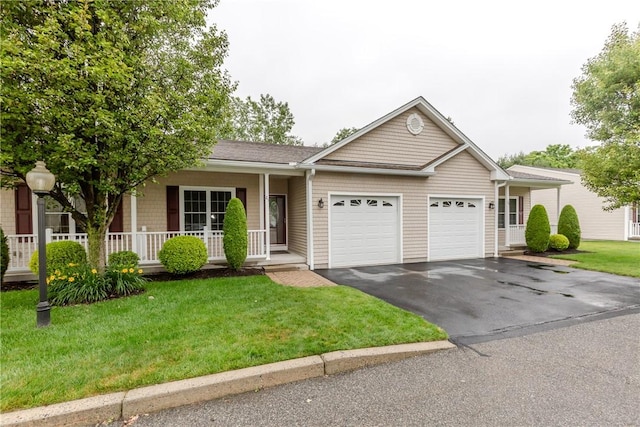 1285 Hartford Ave Unit 25, Johnston, RI 02919 - ranch-style house featuring a garage, a porch, asphalt driveway, a front lawn, and roof with shingles