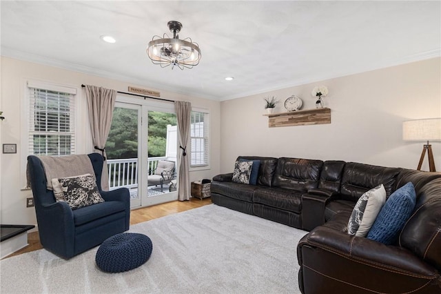 88 Red Brook Ln Unit 88, West Warwick, RI 02893 - living area with ornamental molding, wood finished floors, a chandelier, and recessed lighting