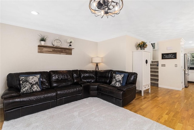88 Red Brook Ln Unit 88, West Warwick, RI 02893 - living room featuring crown molding, wood finished floors, stairway, and recessed lighting