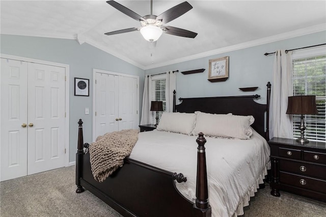 88 Red Brook Ln Unit 88, West Warwick, RI 02893 - carpeted bedroom with two closets, lofted ceiling, a ceiling fan, and ornamental molding