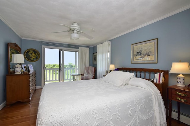 1 Butts Rock Rd, Little Compton, RI 02837 - bedroom featuring access to outside, wood finished floors, a baseboard heating unit, crown molding, and ceiling fan