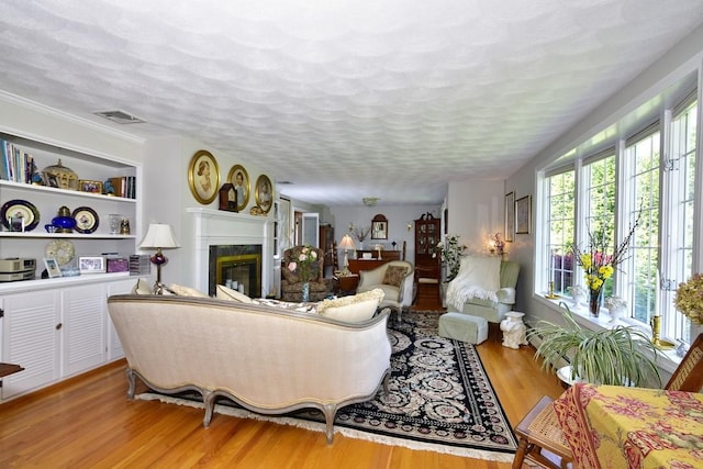 1 Butts Rock Rd, Little Compton, RI 02837 - living room featuring light wood-style floors, a glass covered fireplace, and a textured ceiling