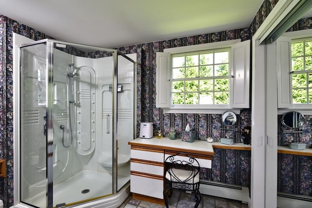 1 Butts Rock Rd, Little Compton, RI 02837 - bathroom with wallpapered walls and a shower stall