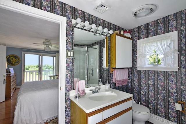 1 Butts Rock Rd, Little Compton, RI 02837 - bathroom featuring wallpapered walls, a shower stall, a ceiling fan, vanity, and connected bathroom