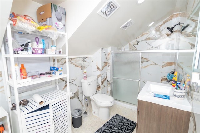 33 Williams St, New London, CT 06320 - full bathroom featuring vanity, a shower stall, vaulted ceiling, and speckled floor