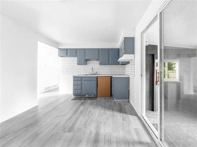 25 Martha Rd, East Providence, RI 02916 - kitchen with blue cabinetry, light wood-type flooring, custom exhaust hood, and light countertops