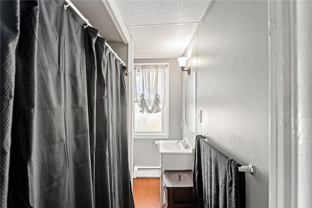 313 Branch Ave, Providence, RI 02904 - bathroom featuring baseboard heating, vanity, wood finished floors, and a shower with shower curtain