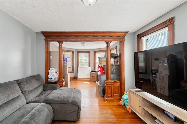 313 Branch Ave, Providence, RI 02904 - living area with light wood-style floors, plenty of natural light, decorative columns, and a textured ceiling