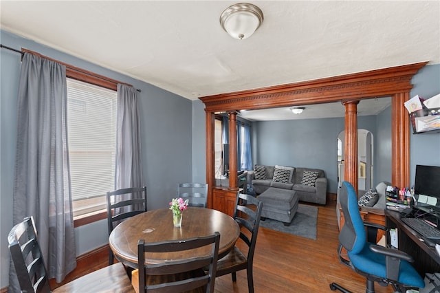 313 Branch Ave, Providence, RI 02904 - dining room featuring ornate columns, wood finished floors, and an office area