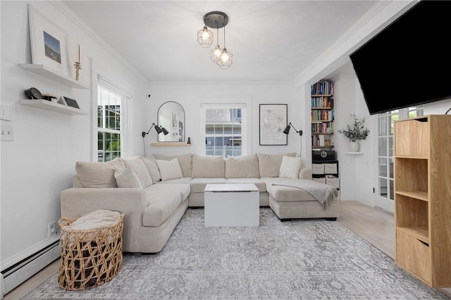 110 Spofford Ave, Warwick, RI 02888 - living room featuring baseboard heating, healthy amount of natural light, crown molding, and wood finished floors