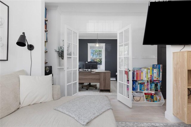 110 Spofford Ave, Warwick, RI 02888 - bedroom featuring french doors, crown molding, a desk, and wood finished floors