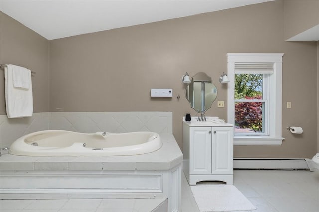 110 Spofford Ave, Warwick, RI 02888 - full bathroom featuring a baseboard radiator, a garden tub, vanity, and tile patterned flooring