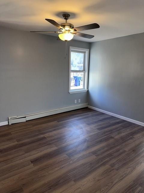 25 School St, West Warwick, RI 02893 - spare room featuring a baseboard radiator, ceiling fan, and dark wood-type flooring