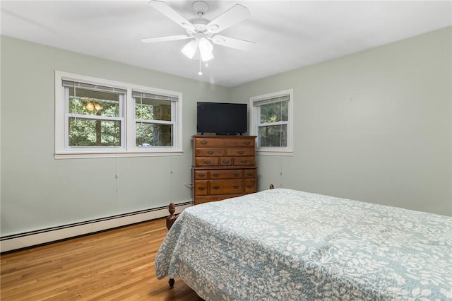 350 Shippee Rd, East Greenwich, RI 02818 - bedroom featuring a baseboard heating unit, wood finished floors, and a ceiling fan