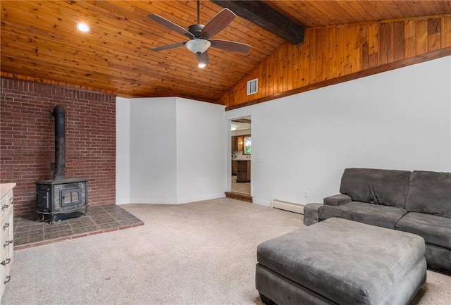 350 Shippee Rd, East Greenwich, RI 02818 - carpeted living area featuring a baseboard heating unit, ceiling fan, wooden ceiling, and a wood stove