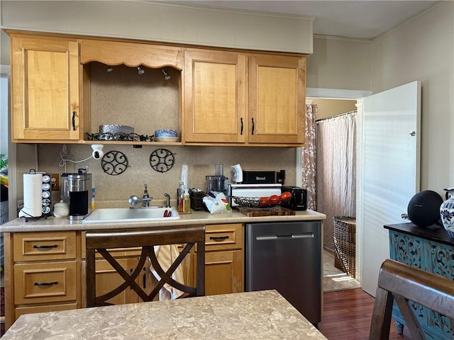 68 Grove St, Providence, RI 02909 - kitchen featuring dishwashing machine, ornamental molding, dark wood-style floors, light countertops, and tasteful backsplash