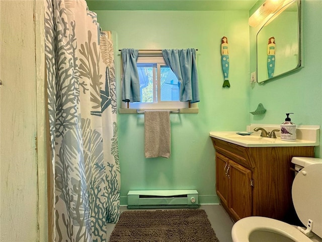 19 Lindberg Rd, Stonington, CT 06378 - bathroom with a baseboard radiator, vanity, and a shower with curtain