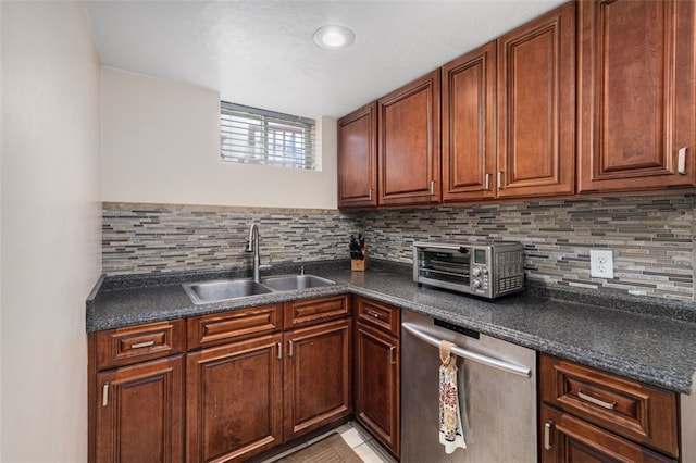 105 Overland Ave, Cranston, RI 02910 - kitchen featuring stainless steel dishwasher, dark countertops, and decorative backsplash