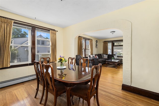 105 Overland Ave, Cranston, RI 02910 - dining room with arched walkways, light wood-style flooring, and baseboard heating