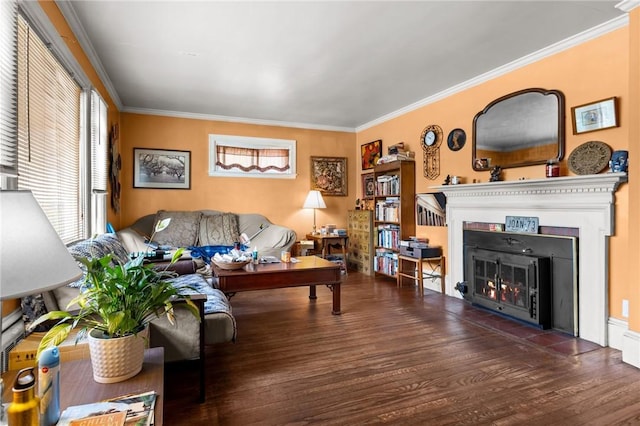 41 Higgins Ave, Providence, RI 02908 - living room featuring ornamental molding, wood finished floors, and a warm lit fireplace