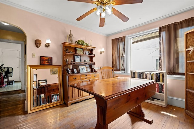 41 Higgins Ave, Providence, RI 02908 - office space featuring hardwood / wood-style flooring, arched walkways, ceiling fan, and crown molding