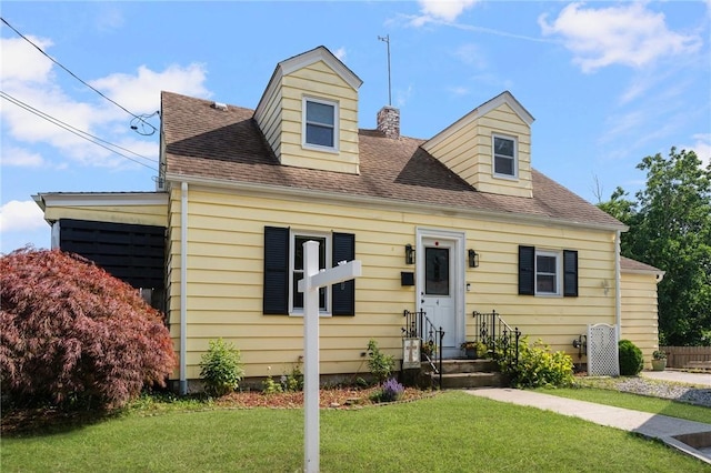 4 Linwood St, West Warwick, RI 02893 - cape cod home with a front lawn, roof with shingles, and a chimney
