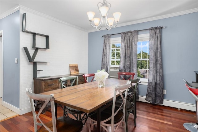 4 Linwood St, West Warwick, RI 02893 - dining area featuring wood finished floors, a chandelier, a baseboard heating unit, and ornamental molding