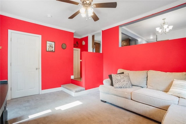 4 Linwood St, West Warwick, RI 02893 - living room featuring ornamental molding, a chandelier, a ceiling fan, and carpet floors