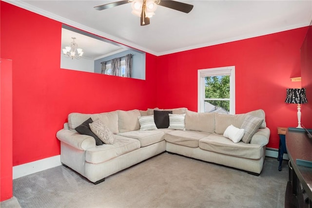 4 Linwood St, West Warwick, RI 02893 - carpeted living area with ornamental molding, ceiling fan, a chandelier, and baseboard heating