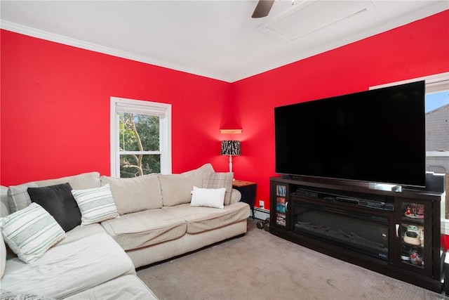 4 Linwood St, West Warwick, RI 02893 - carpeted living area featuring attic access and crown molding