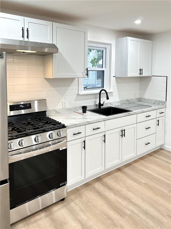9 Octavia St, Providence, RI 02909 - kitchen featuring appliances with stainless steel finishes, under cabinet range hood, light wood-type flooring, light stone counters, and white cabinets