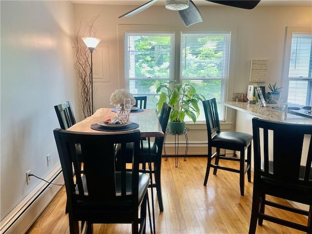 446 Bellevue Ave Unit 6, Newport, RI 02840 - dining room featuring baseboard heating, a baseboard radiator, a ceiling fan, and light wood finished floors