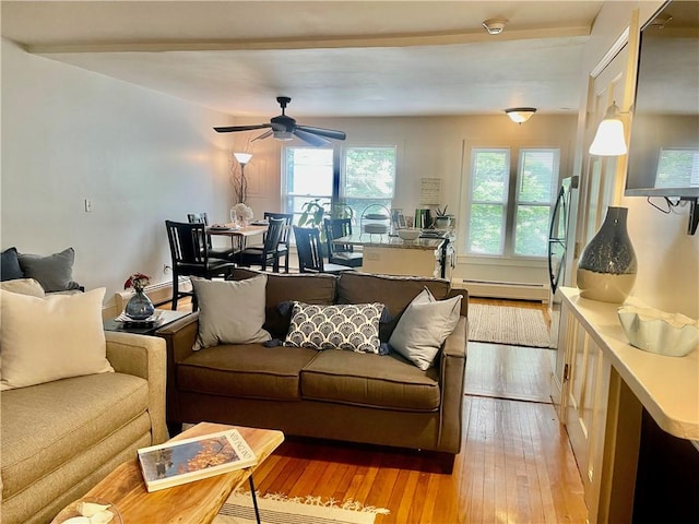 446 Bellevue Ave Unit 6, Newport, RI 02840 - living area with light wood finished floors, a baseboard heating unit, and a ceiling fan