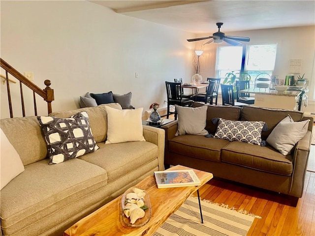 446 Bellevue Ave Unit 6, Newport, RI 02840 - living room with wood-type flooring, ceiling fan, and stairway