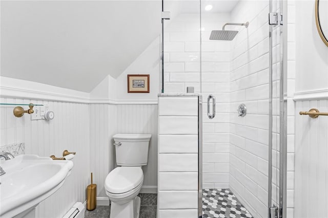214 Highland Rd, Tiverton, RI 02878 - bathroom with a shower stall, lofted ceiling, a baseboard heating unit, and a wainscoted wall