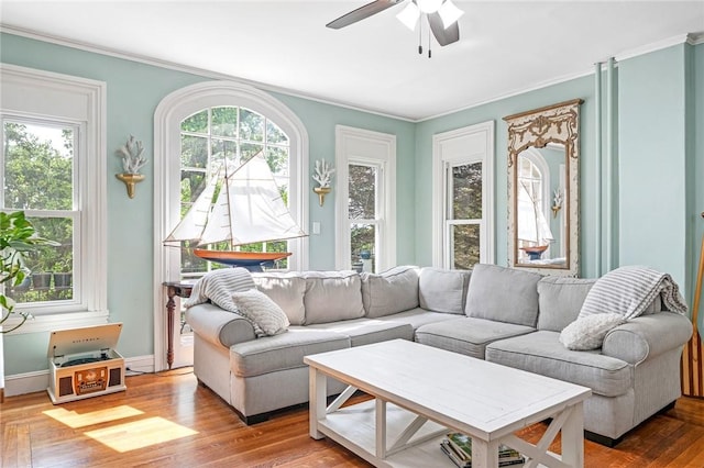 214 Highland Rd, Tiverton, RI 02878 - living room featuring crown molding, a ceiling fan, and wood finished floors