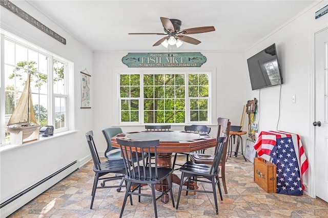 214 Highland Rd, Tiverton, RI 02878 - dining area featuring a baseboard heating unit, stone finish flooring, and a ceiling fan