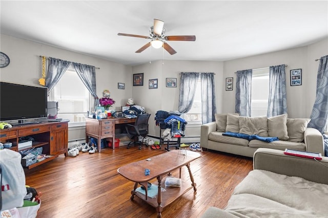 233 Waterman Ave, East Providence, RI 02914 - living room featuring ceiling fan, wood finished floors, and an office area