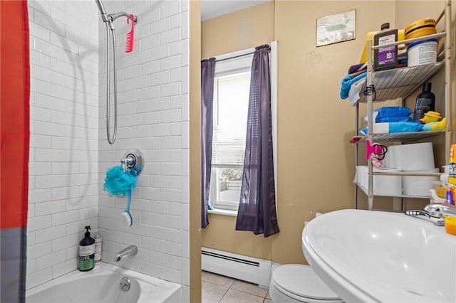 233 Waterman Ave, East Providence, RI 02914 - bathroom featuring a baseboard radiator, tile patterned floors, and shower / tub combination