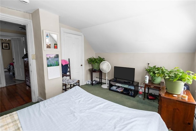 233 Waterman Ave, East Providence, RI 02914 - carpeted bedroom with baseboard heating and vaulted ceiling