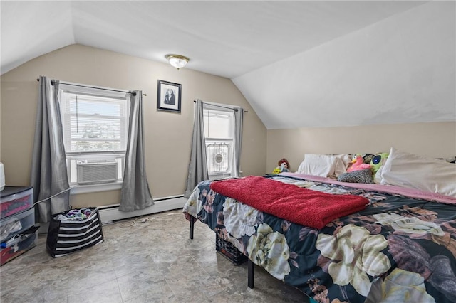 233 Waterman Ave, East Providence, RI 02914 - bedroom featuring lofted ceiling, baseboard heating, and cooling unit